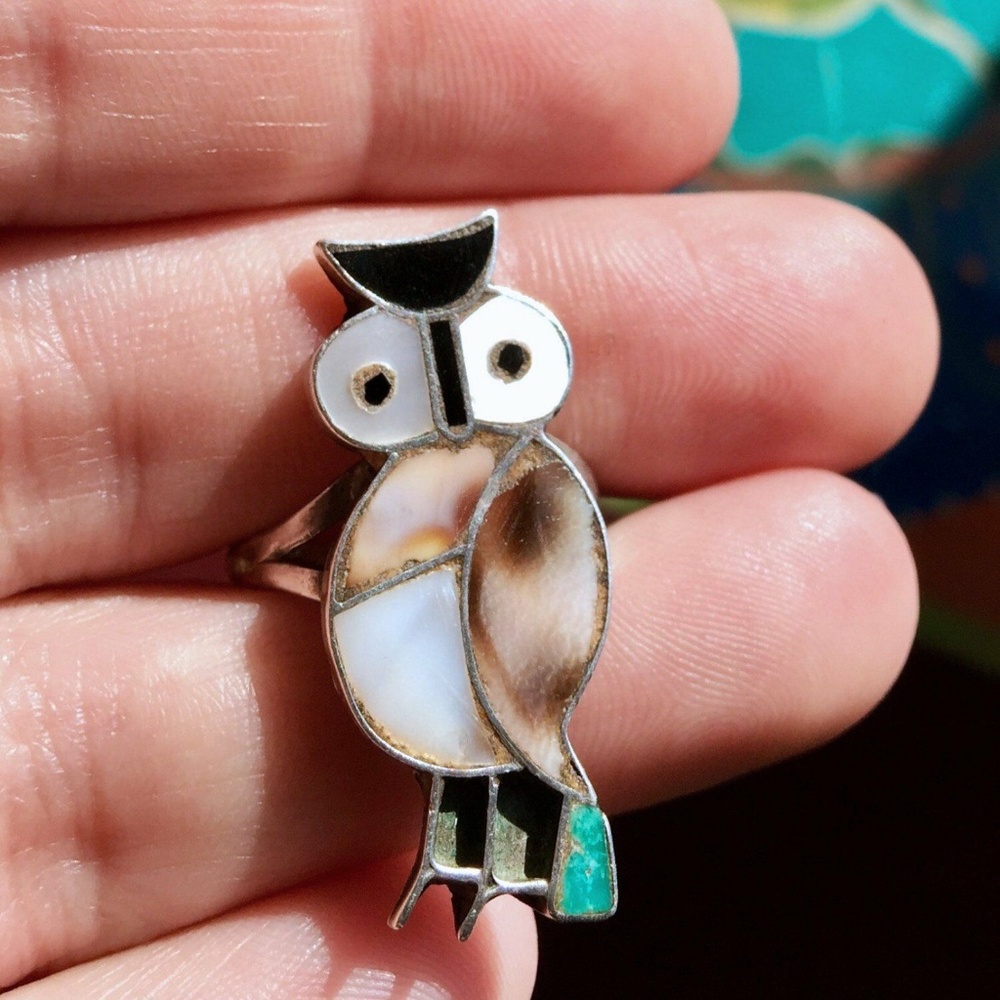 Vintage 40s Zuni Native American Sterling Owl Ring - Picture 5 of 5